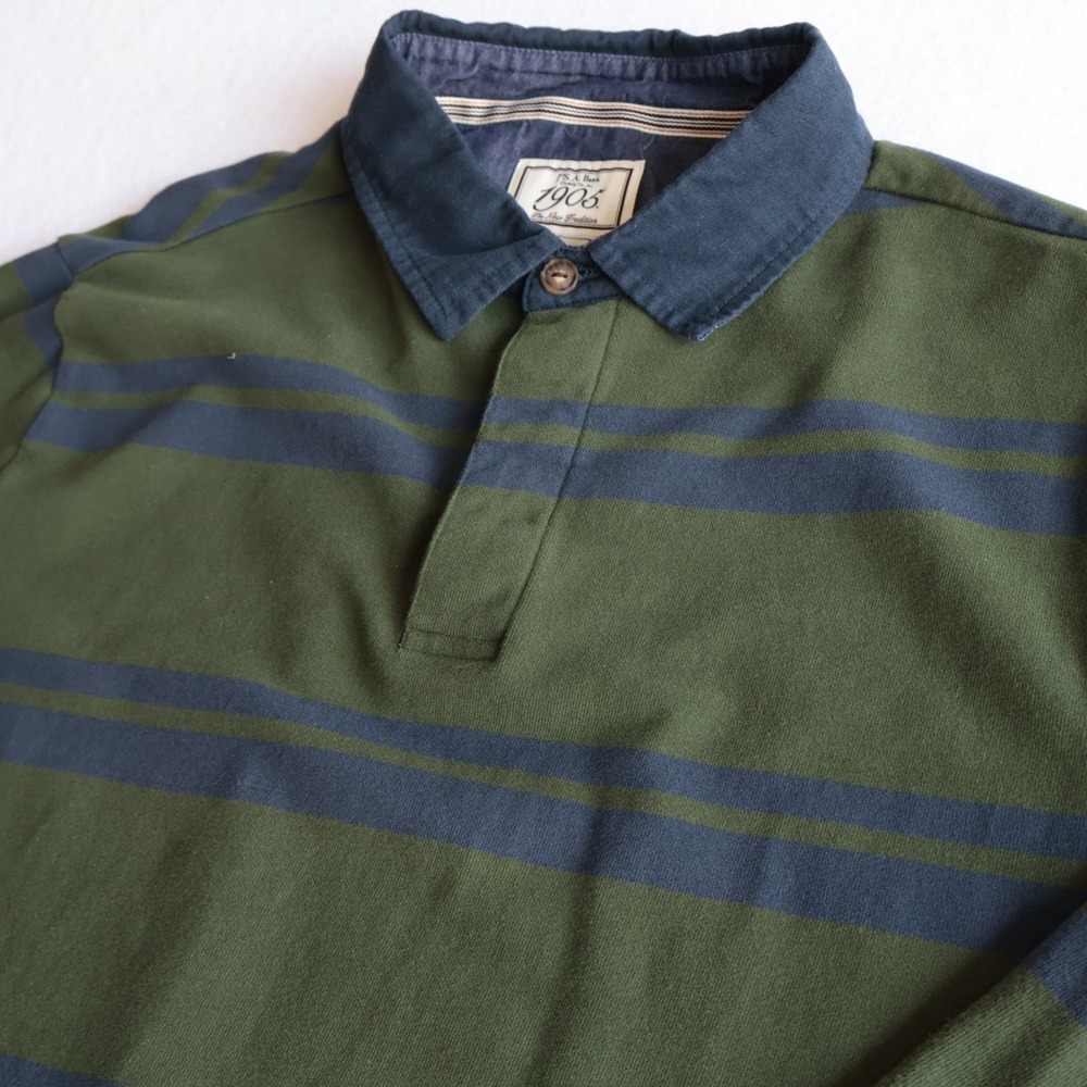 Jos. A. Bank 1905 Mens XL Green Navy Striped Long Sleeve Rugby Polo Shirt Cotton